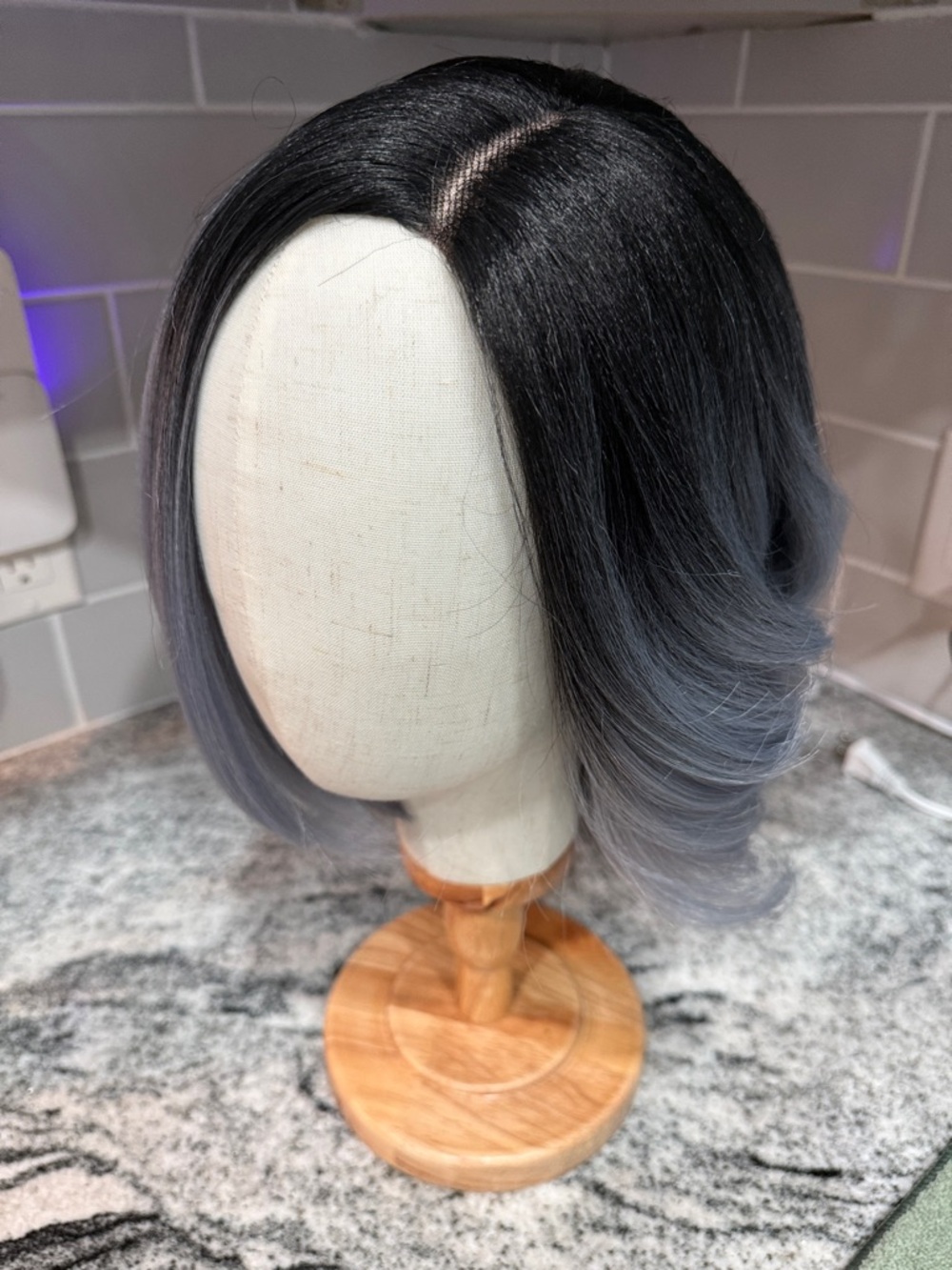 Layered Short Bob Wig in Black to Gray Ombre with Natural Side Part